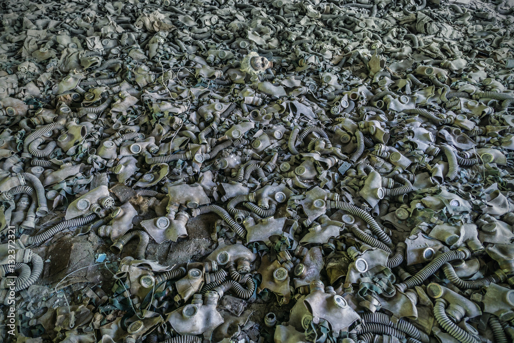 Chernobyl disaster, many masks on the floor in the school of Pripyat Chernobyl disaster, many masks on the floor in the school of Pripyat