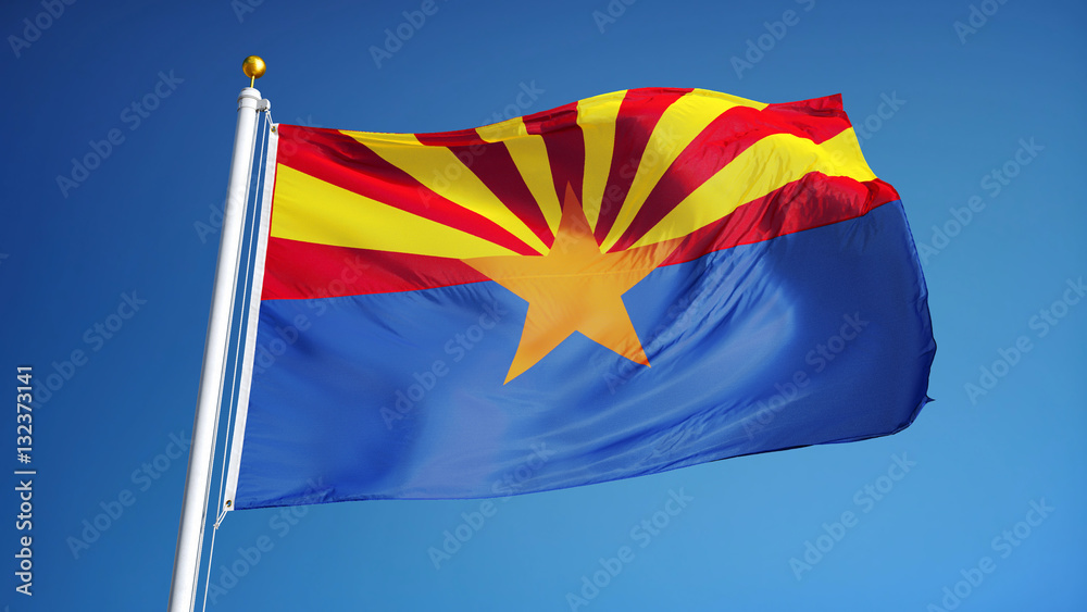 Naklejka premium Arizona (U.S. state) flag waving against clear blue sky, close up, isolated with clipping path mask alpha channel transparency, perfect for film, news, composition