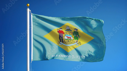 Delaware (U.S. state) flag waving against clear blue sky, close up, isolated with clipping path mask alpha channel transparency, perfect for film, news, composition photo