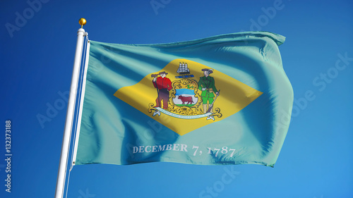 Delaware (U.S. state) flag waving against clear blue sky, close up, isolated with clipping path mask alpha channel transparency, perfect for film, news, composition photo
