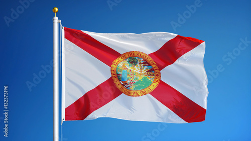 Florida (U.S. state) flag waving against clear blue sky, close up, isolated with clipping path mask alpha channel transparency, perfect for film, news, composition