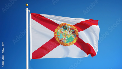 Florida (U.S. state) flag waving against clear blue sky, close up, isolated with clipping path mask alpha channel transparency, perfect for film, news, composition