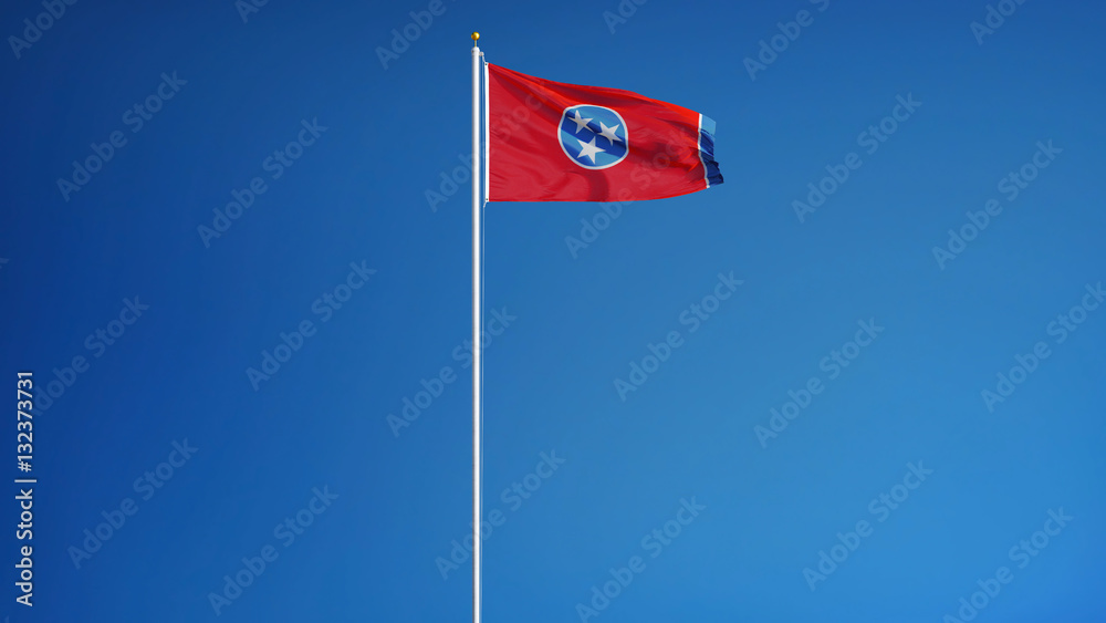Fototapeta premium Tennessee (U.S. state) flag waving against clear blue sky, long shot, isolated with clipping path mask alpha channel transparency, perfect for film, news, composition