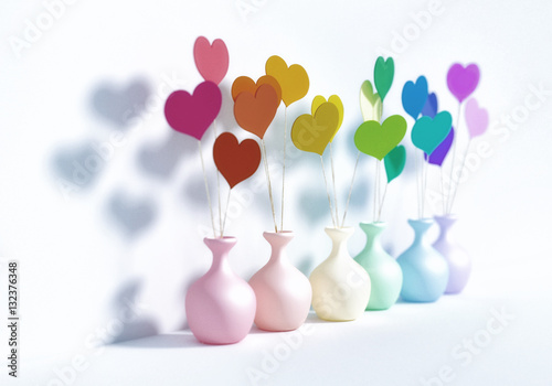 paper hearts on a stick in vase - valentine's day . 3D romantic card / background ( love , rainbow colors , valentine , wedding )