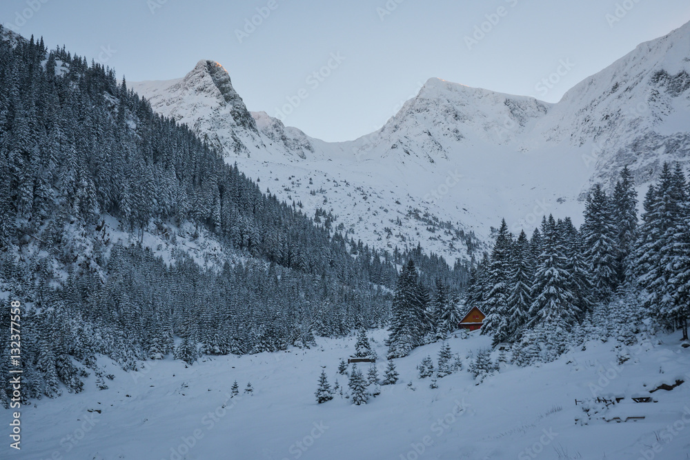 Landscape winter on Sambetei Valley, in Fagaras Mountains, Romania