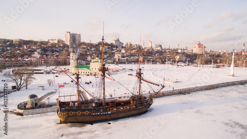 Admiralty Square and the monument to the first ship built in Russia in Voronezh at winter aerial view