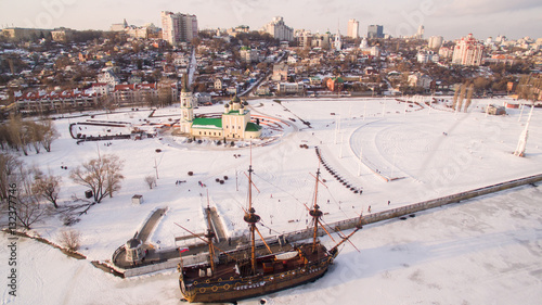 Admiralty Square and the monument to the first ship built in Russia in Voronezh at winter aerial view photo