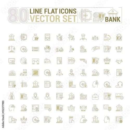 Vector graphic set. Icons in flat, contour, thin and linear design.Bank building.Economy, currency, and commerce.Protection of bank vault. Euro, dollar and gold.Concept sign, symbol for Web site, app.