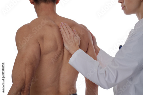 Chiropractic, osteopathy, dorsal manipulation. Therapist doing healing treatment on man's back . Alternative medicine, pain relief concept isolated on white.