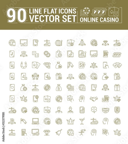 Vector graphic set of icons in flat, contour, thin and linear design. Internet slot machine online casino poker. Gambling. Concept infographic for Web site, app. Virtual card game. Paid entertainment.