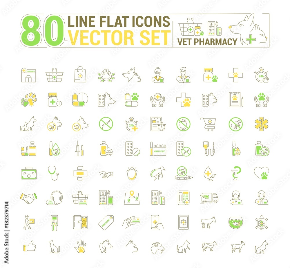 Vector graphic set. Icons in flat, contour, thin and linear design.Vet pharmacy. Preparations for animals.Simple icon on white background.Concept illustration for Web site, app. Sign, symbol, emblem. Vector graphic set. Icons in flat, contour, thin and linear design.Vet pharmacy. Preparations for animals.Simple icon on white background.Concept illustration for Web site, app. Sign, symbol, emblem.