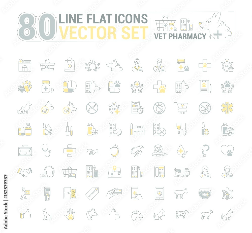 Vector graphic set. Icons in flat, contour, thin and linear design.Vet pharmacy. Preparations for animals.Simple icon on white background.Concept illustration for Web site, app. Sign, symbol, emblem. Vector graphic set. Icons in flat, contour, thin and linear design.Vet pharmacy. Preparations for animals.Simple icon on white background.Concept illustration for Web site, app. Sign, symbol, emblem.
