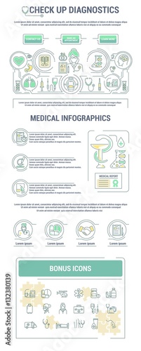 Vector graphic set in line, contour, thin, and flat design. Clinic, medical center, check up, hospital. Research of disease, complex treatment body. Template, top internet web site, main page.