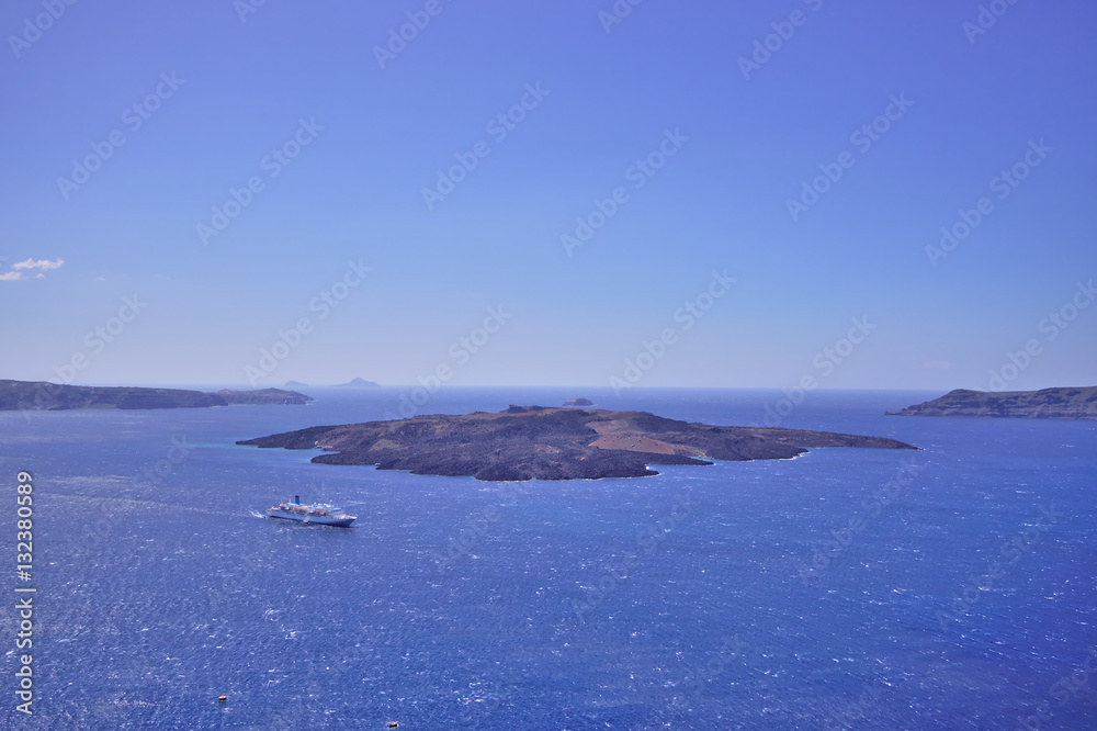 Ship sailing in blue sea near Santorini volcano. Greek travel poster.. Ship sailing in blue sea near Santorini volcano. Greek travel poster..