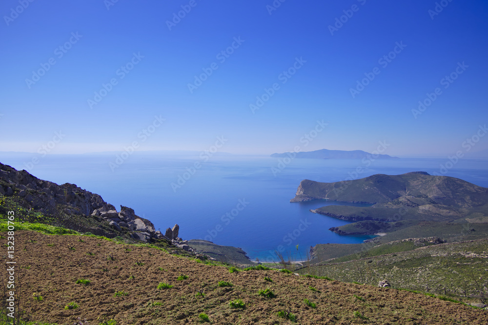 Dry Mediterranean island coast scenery. Greek travel destinations poster..