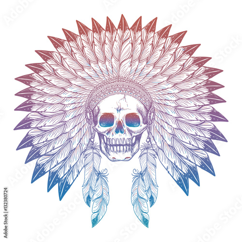 Hand drawn colorful skull in native american headdress isolated on white. Vector illustration