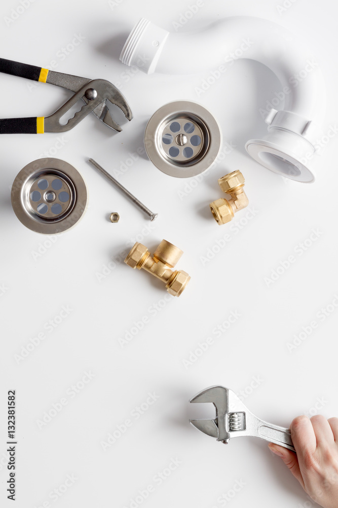 concept plumbing work top view on white background concept plumbing work top view on white background