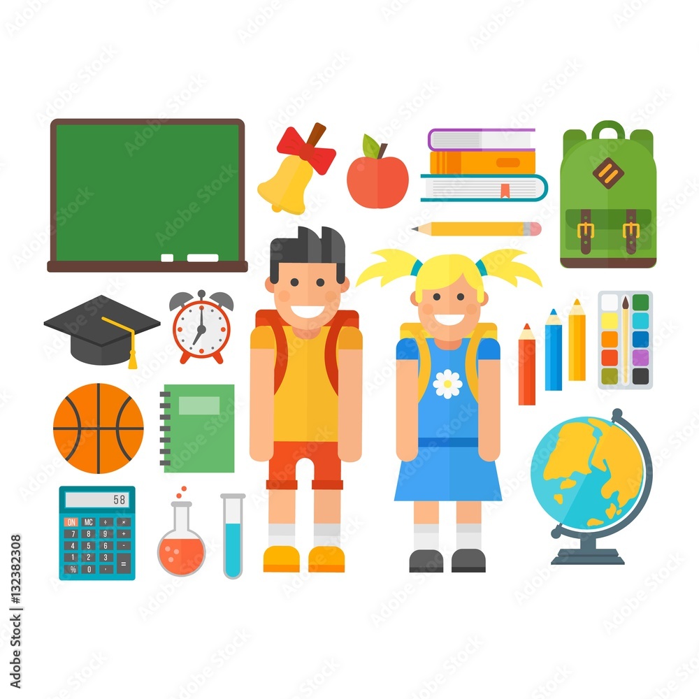 School symbols and kids vector set. School symbols and kids vector set.