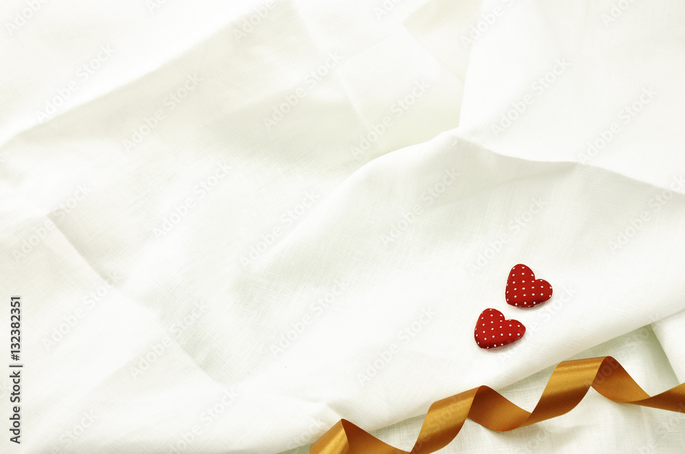 Love Valentines Day red heart on off white linen fabric backgrou