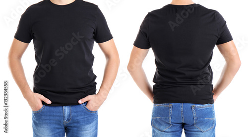 Different views of man wearing t-shirt on white background