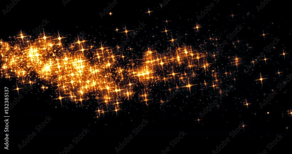 gold glow glittering stars bokeh tail transition sparkle effect on black background, holiday happy new year concept