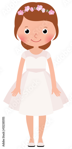 Cartoon woman bride in her wedding dress in full growth on a whi