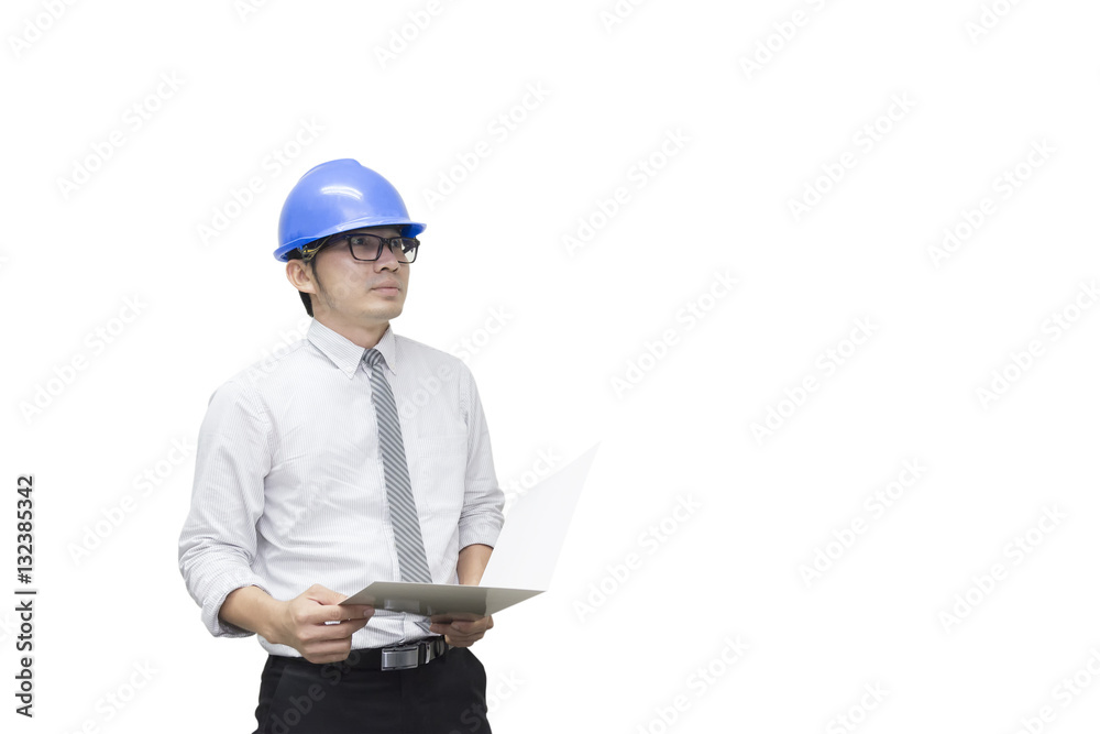 The isolate scene of engineer hold the note paper by the hand with the white background The isolate scene of engineer hold the note paper by the hand with the white background