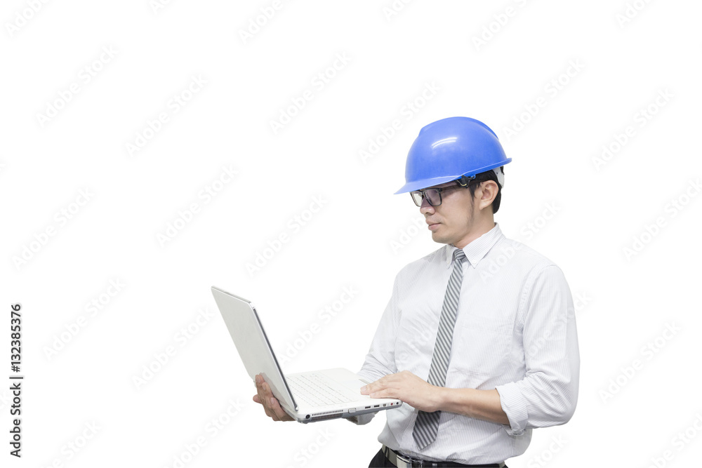 The isolate scene of engineer hold the laptop by the hand with the white background The isolate scene of engineer hold the laptop by the hand with the white background
