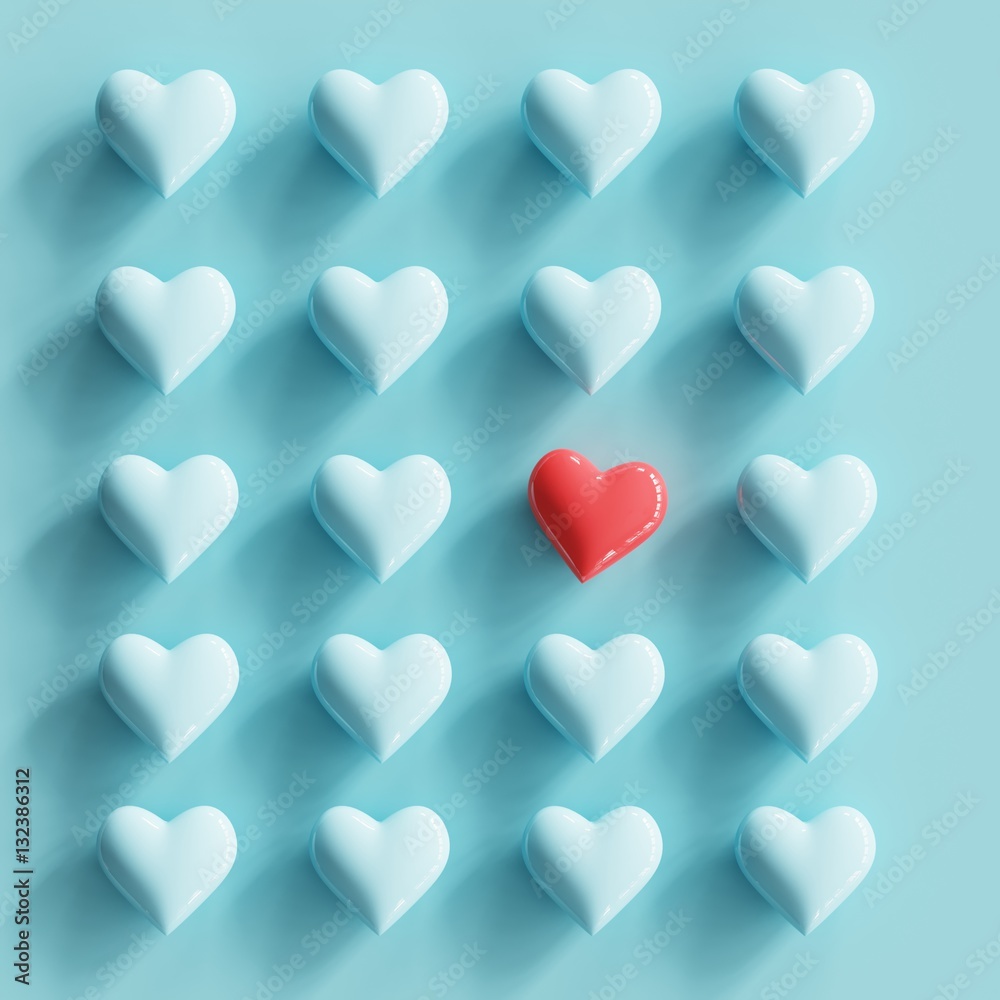 Outstanding Red heart on blue pastel backgroud with many tiny blue hearts. minimal concept. Outstanding Red heart on blue pastel backgroud with many tiny blue hearts. minimal concept.