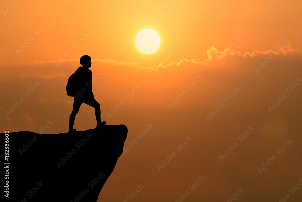 Courage traveler man on top of mountain ,Success business concept