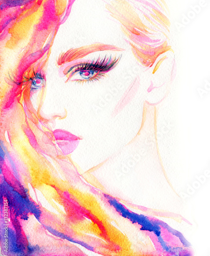 Beautiful woman face. Fashion watercolor illustration. Beauty background