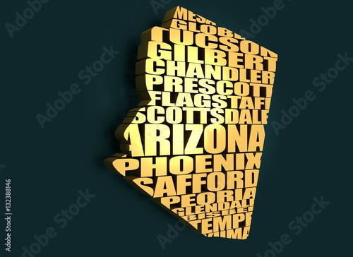 Word cloud map of Arizona state. Cities list collage. Golden material. 3D rendering