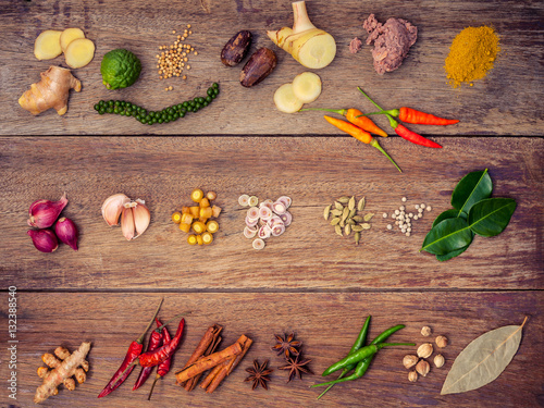 Fototapeta Naklejka Na Ścianę i Meble -  Various of Thai food Cooking ingredients and spice red curry pas