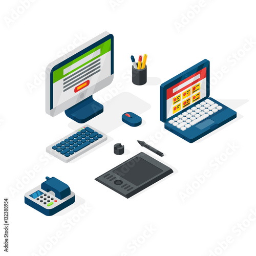 Isometric office equipment vector