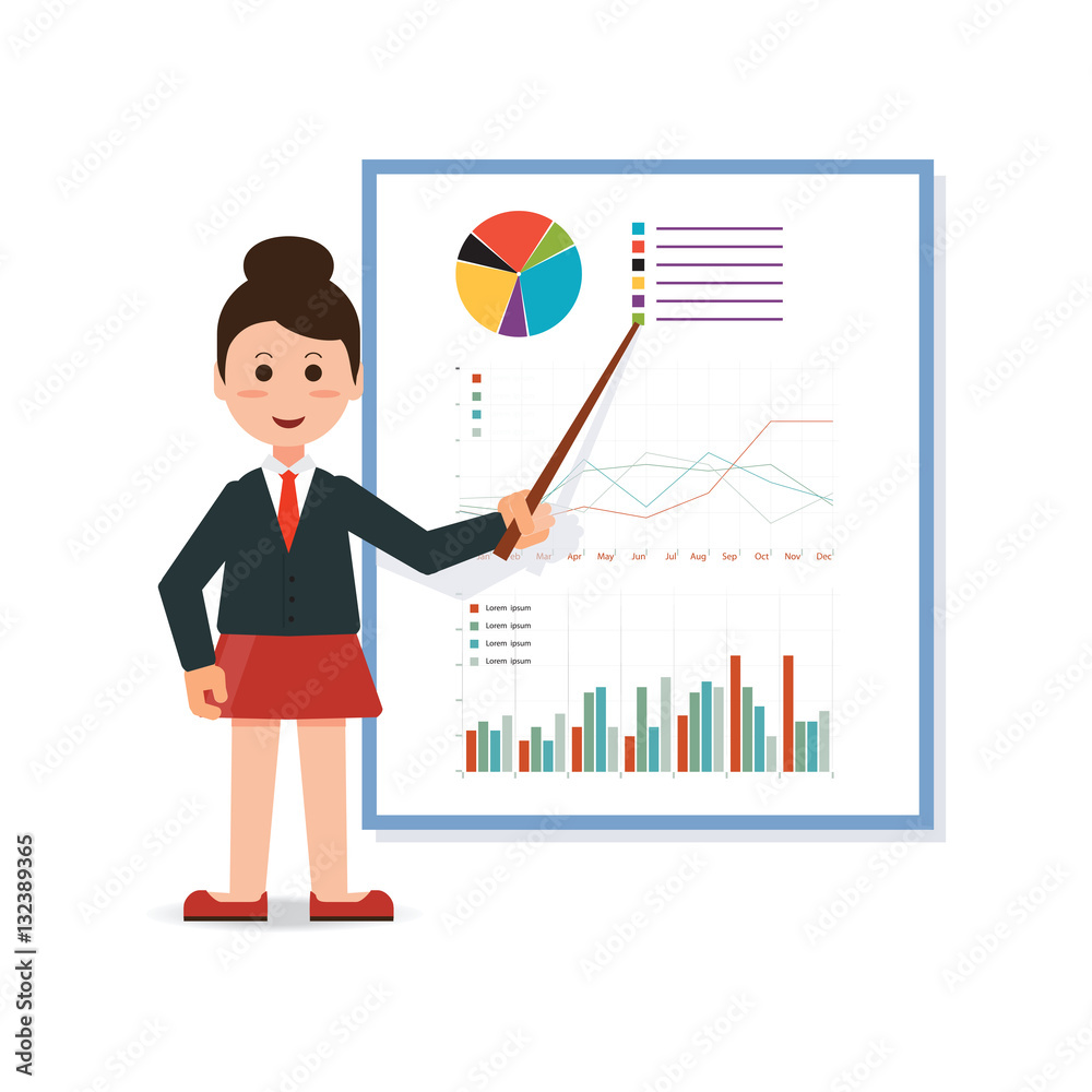 Business woman in suit and tie making presentation explaining ch Business woman in suit and tie making presentation explaining ch