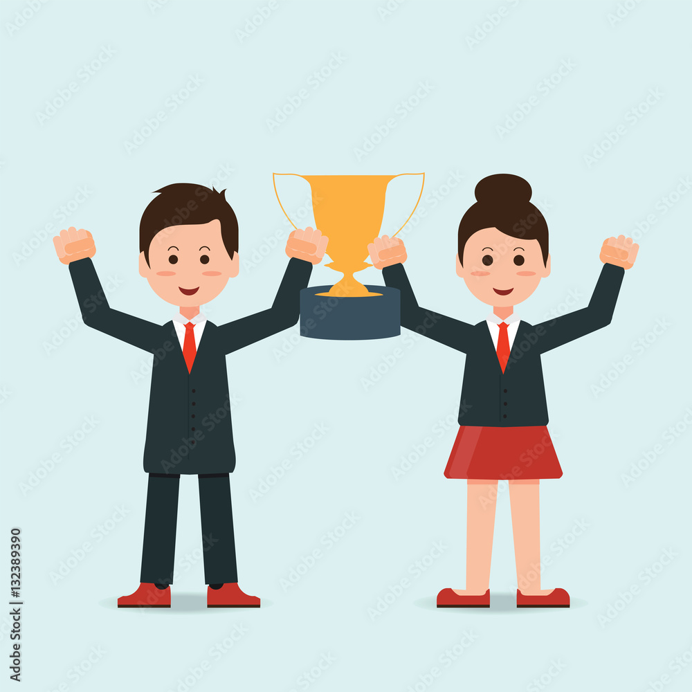 Businessman and businesswoman holding winning trophy Businessman and businesswoman holding winning trophy