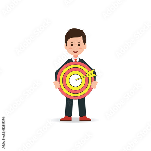 Business man holding big aim target bravely