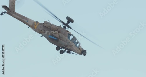 Attack helicopter firing 30mm canon during combat maneuvers photo