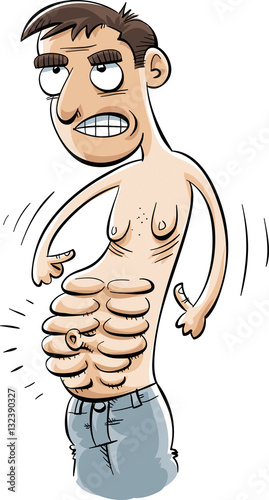 A cartoon man flexing his extremely developed and toned abdominal muscles.