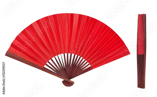 Red Chinese folding fan isolated on white background