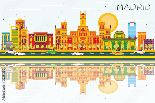 Madrid Skyline with Color Buildings, Blue Sky and Reflections.