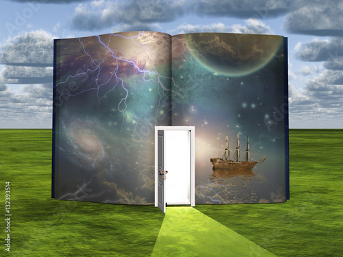 Book with science fiction scene and open doorway of light photo