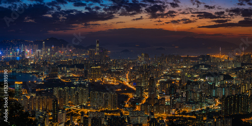 Panorama view after sunset on Kowloon Peak, Hong Kong