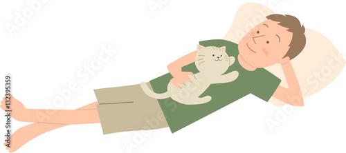 男性　猫と男性　リラックス