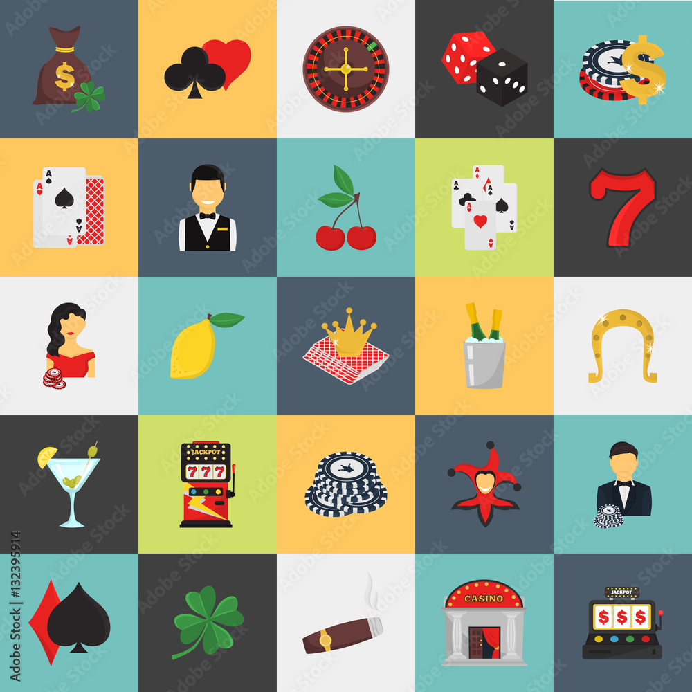 Set of twenty five casino color flat icons