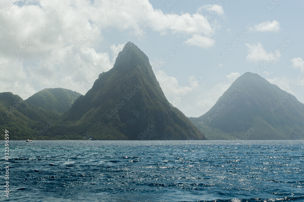 Pitons and Sea in St. Lucia