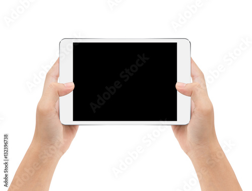 mock-up digital tablet in hand isolated on white background with