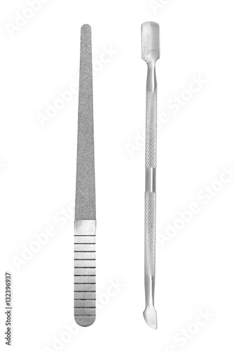 Stainless steel nail trimmer file and cuticle pusher, beauty products isolated on white background, clipping path included