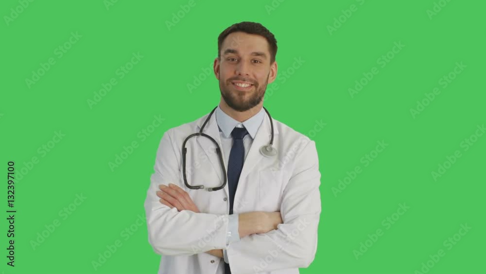 Mid Shot of a Doctor Crossing Arms and Smiling. Background is Green Screen.  Shot on RED Cinema Camera 4K (UHD).