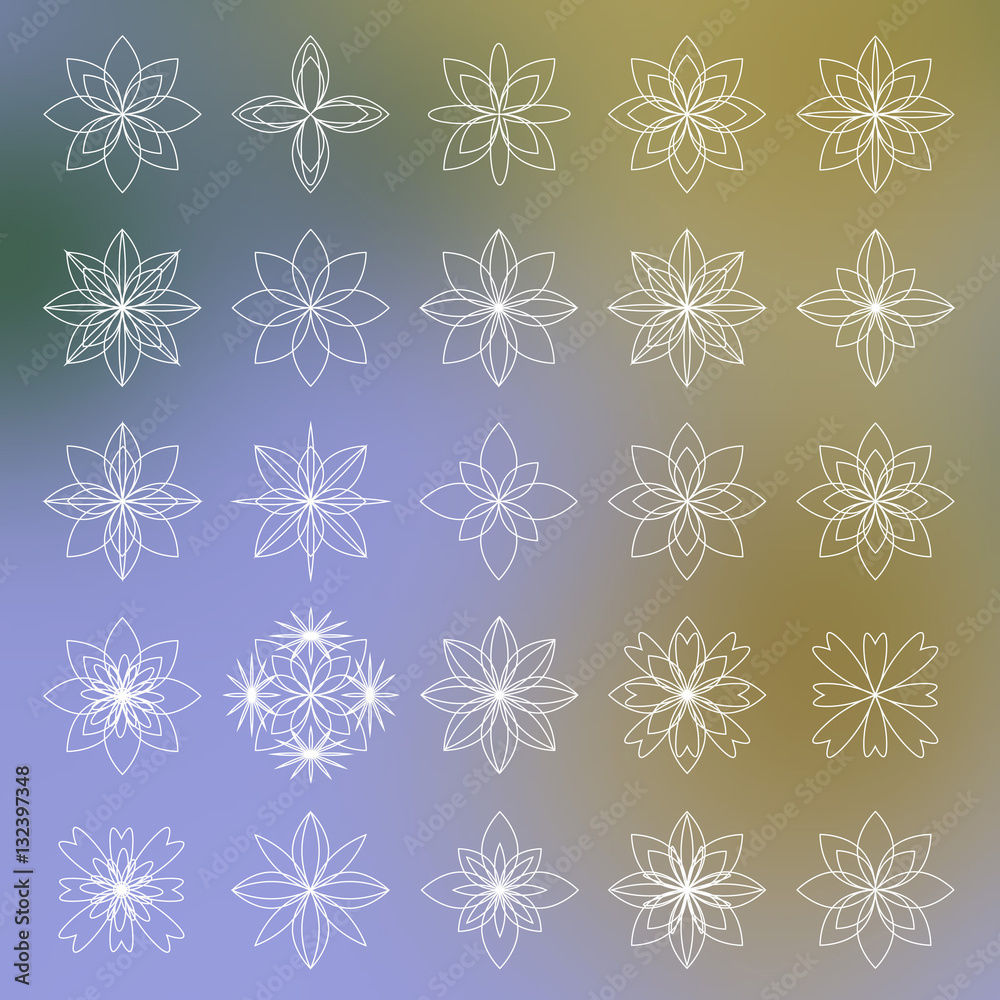 Set of linear flower symbols on a blurred background. Four petals. Vector illustration.